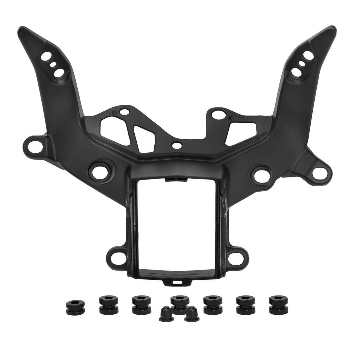 Black upper fairing stay bracket with mounting holes and center frame opening