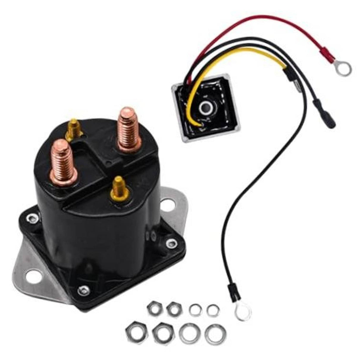 12V starter solenoid with wire harness, mounting plate, and copper terminals