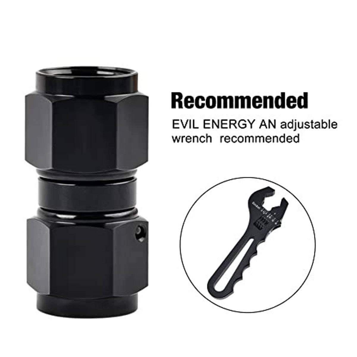 Black AN swivel coupler adapter with stacked hex sections and female threads