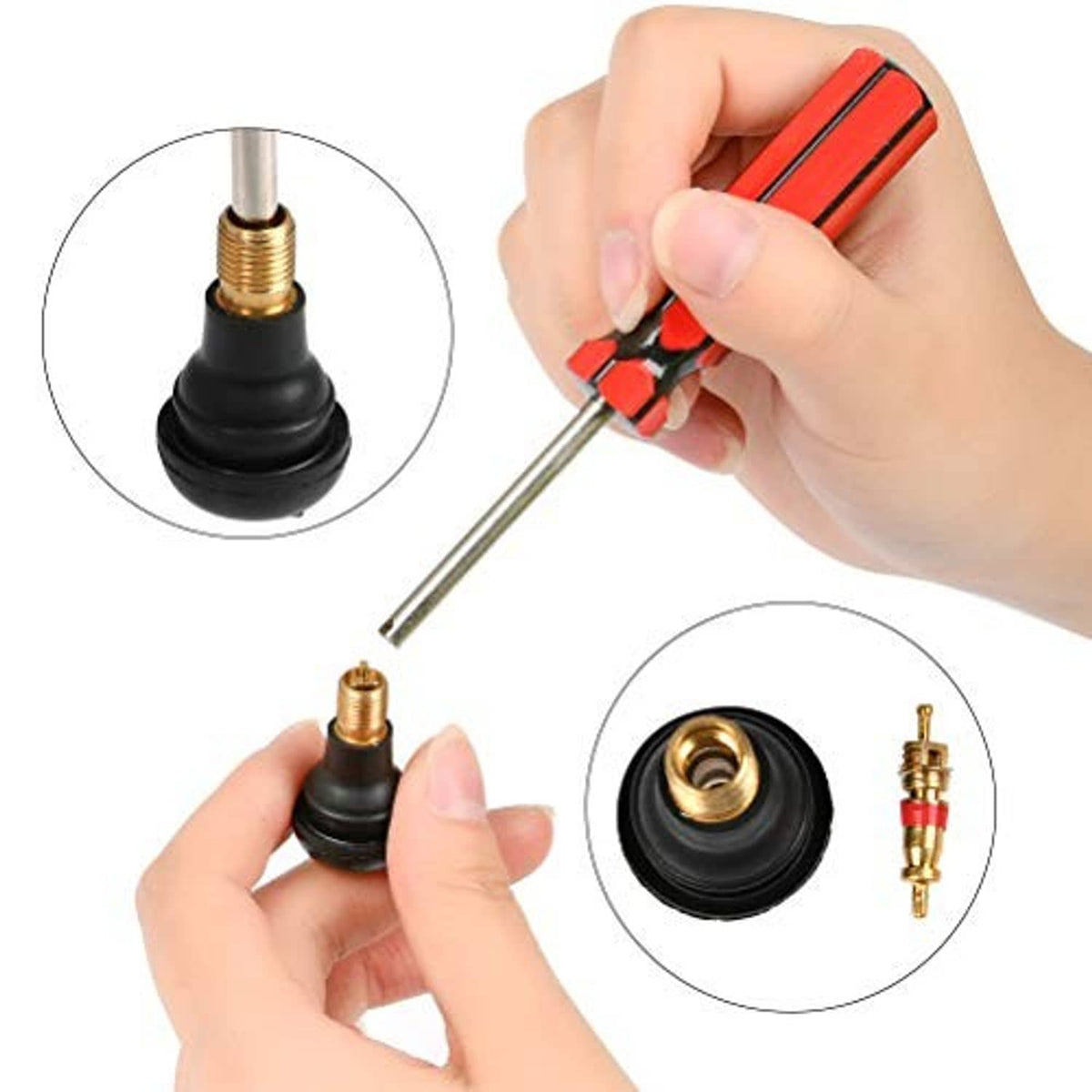 Hand using red-and-chrome valve stem tool to pull and install a black rubber valve cap