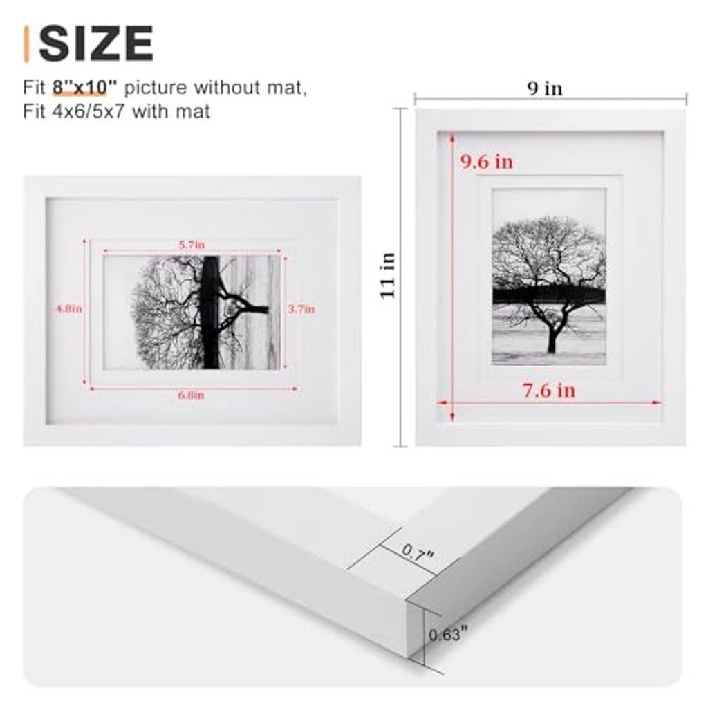 White 8x10 picture frame set size diagram with mat and frame measurements