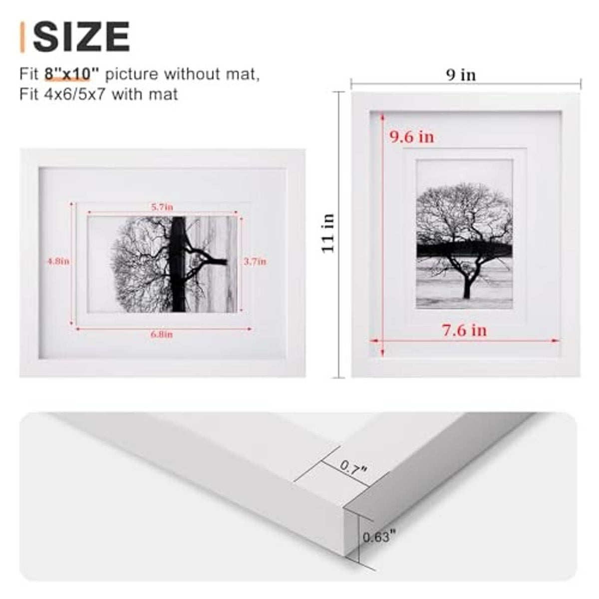 White 8x10 picture frame set size diagram with mat and frame measurements