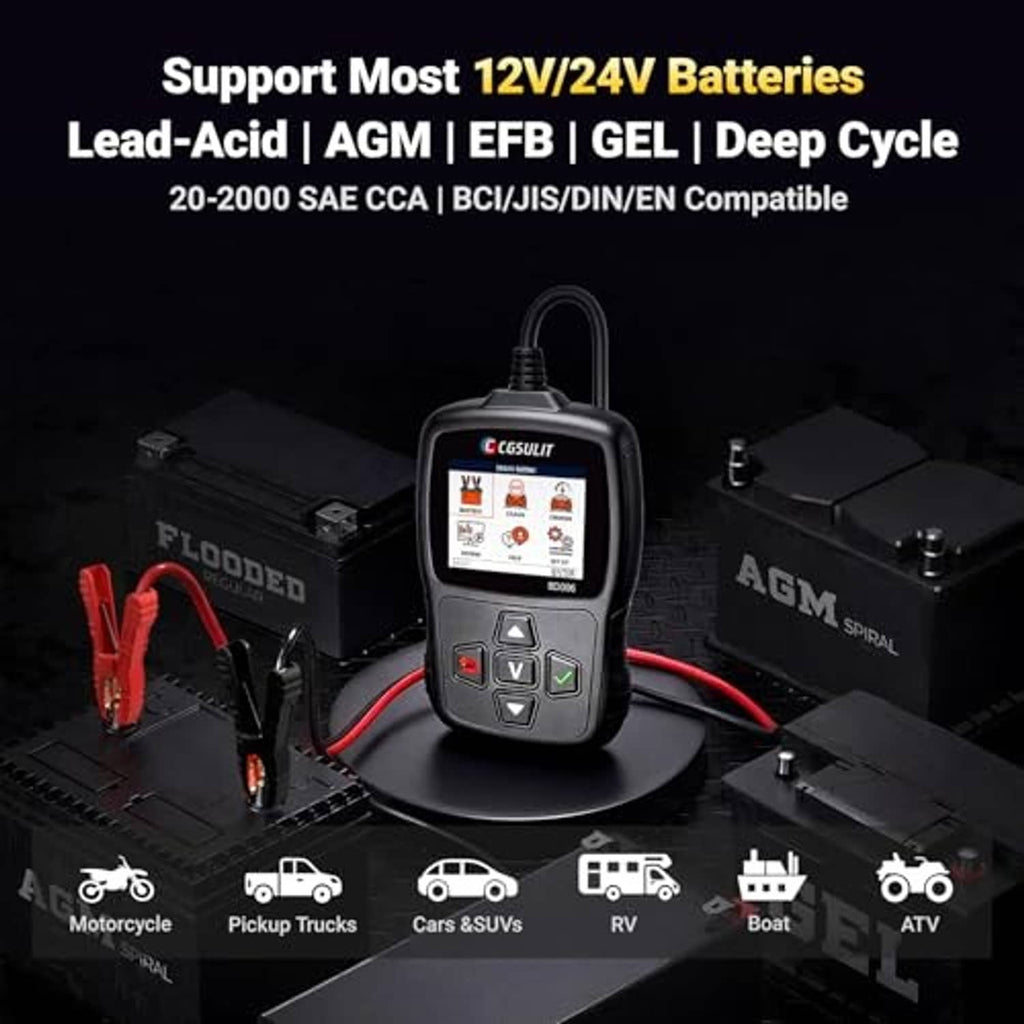Handheld automotive battery tester on test base with connected red/black leads