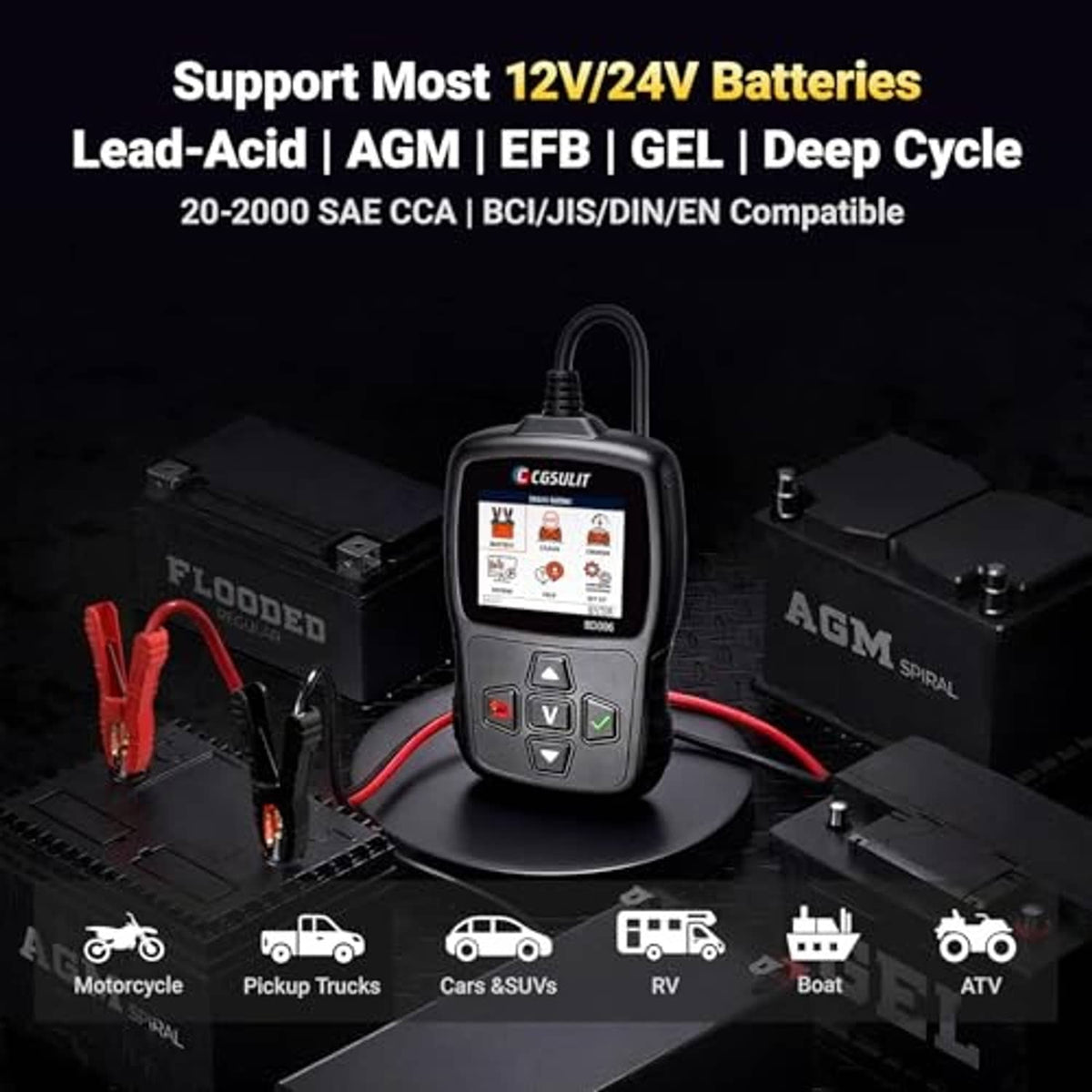 Handheld automotive battery tester on test base with connected red/black leads