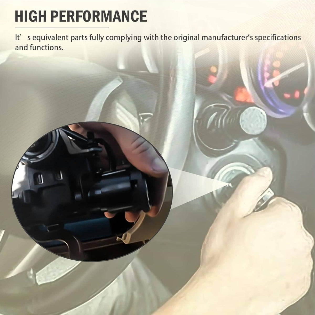 Ignition switch lock cylinder assembly with key, shown near vehicle dashboard controls