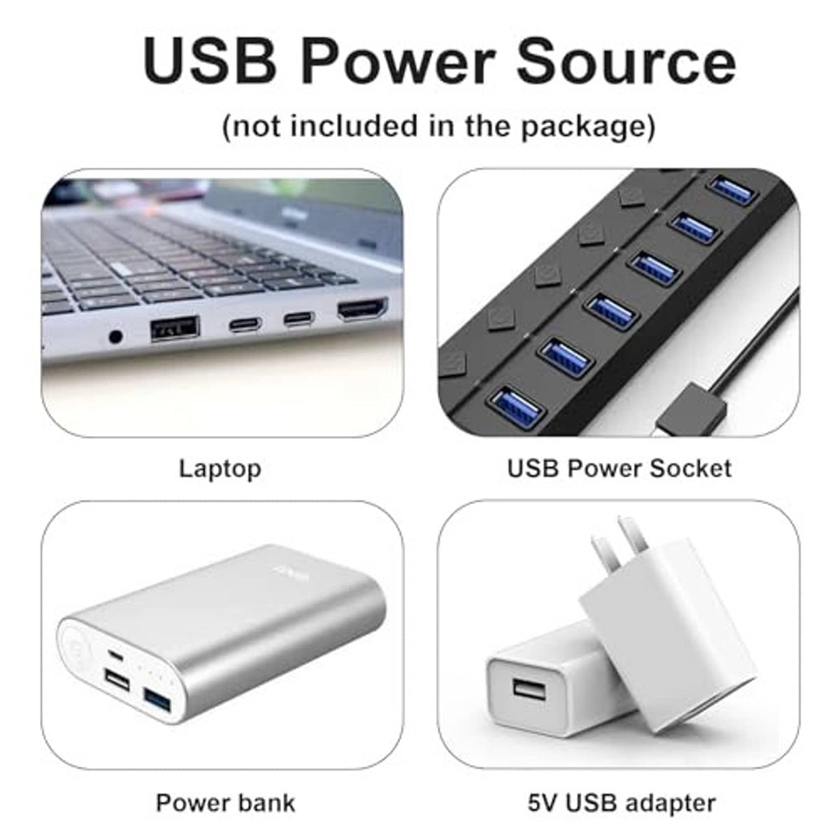 USB fan power adapter showing compatible USB power sources like laptop and power bank