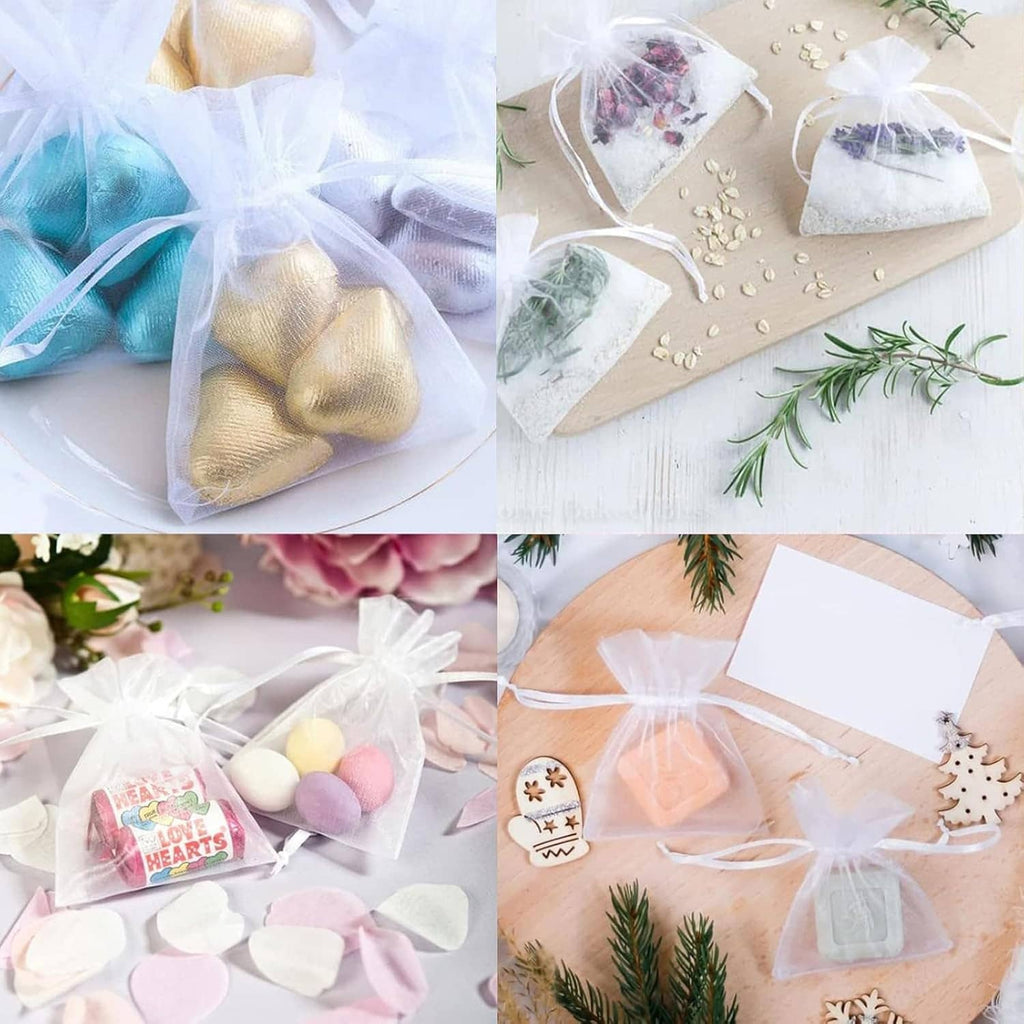 White organza drawstring bags holding small gifts, shown in multiple filled examples