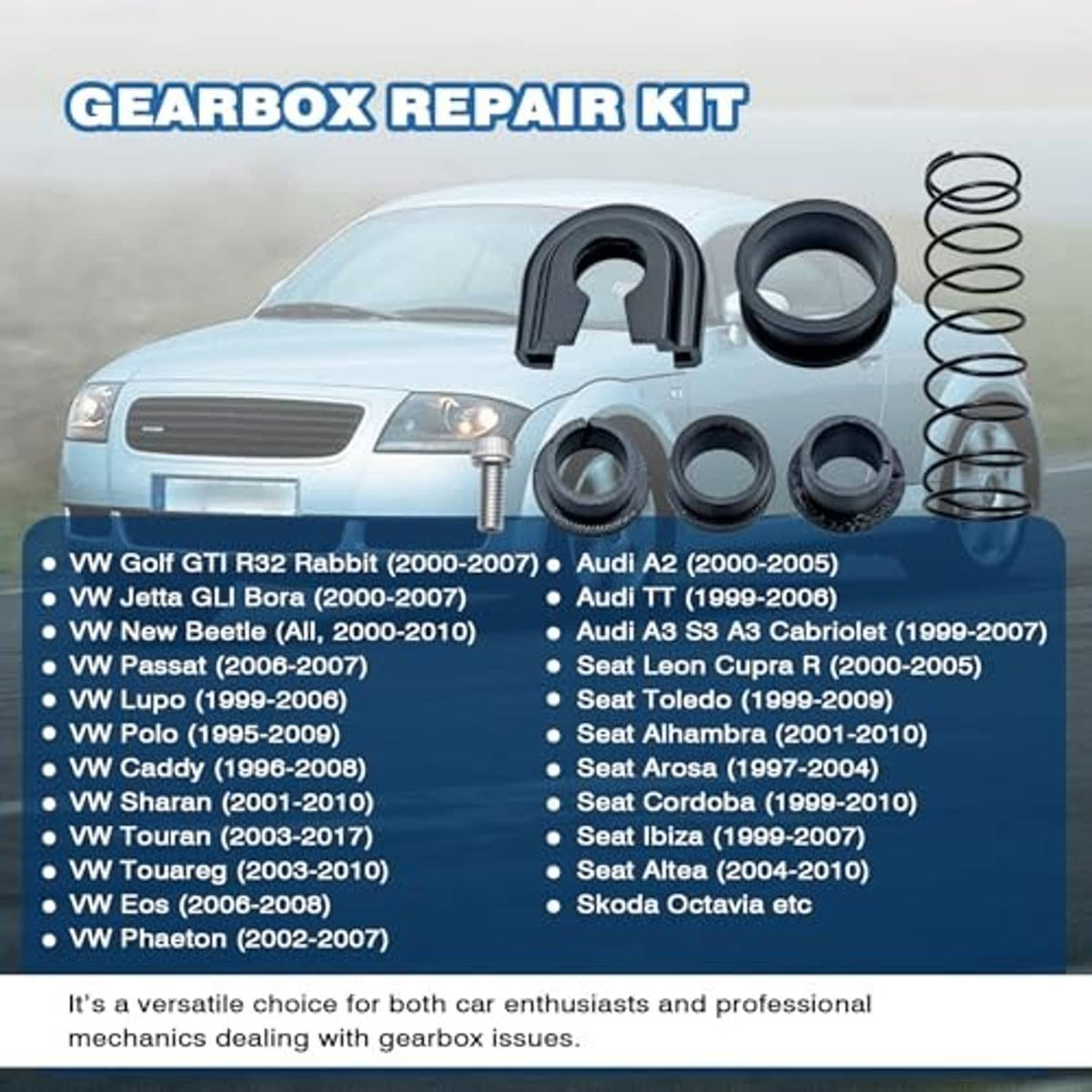 Gearbox repair kit parts display with lever bushing, rubber seals, and several springs