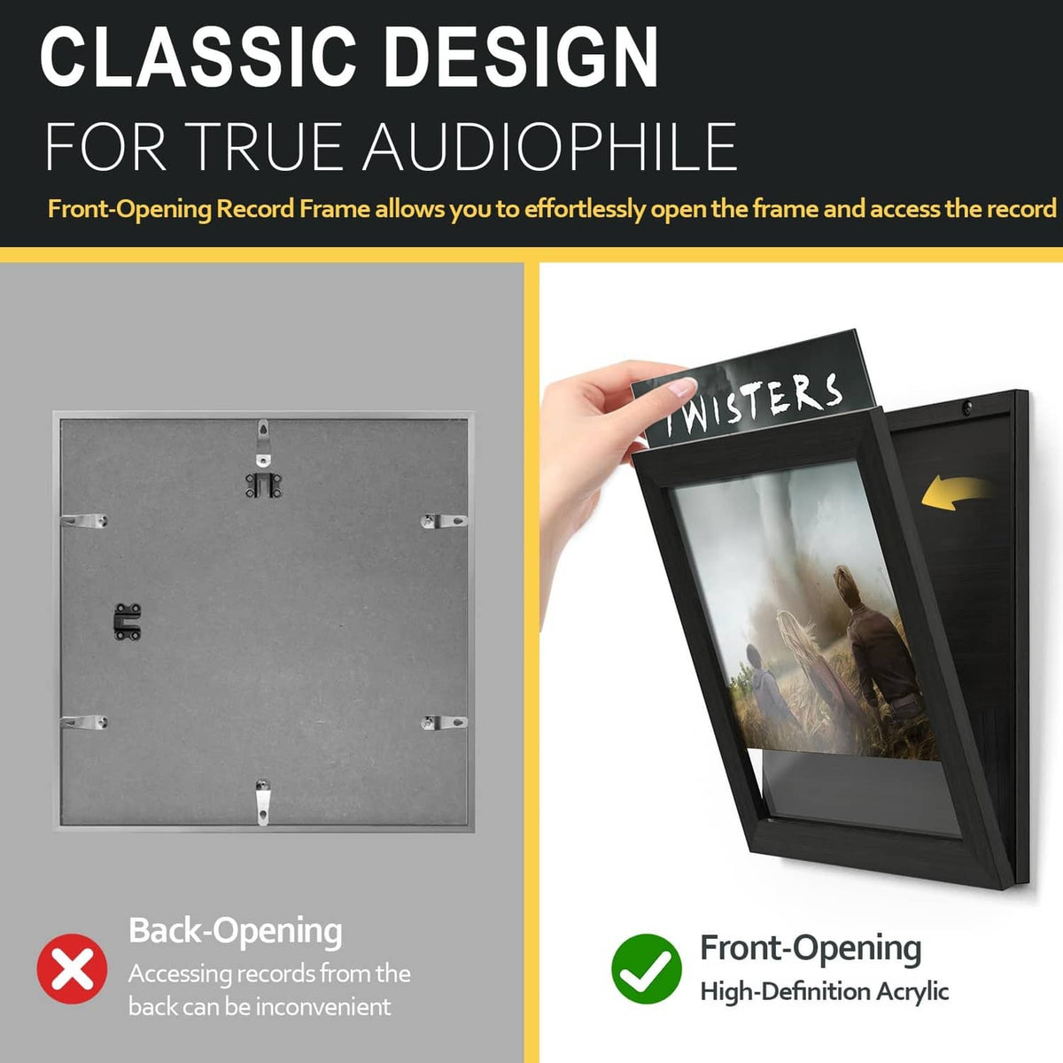 Front-opening black record frame with hinged back and clear acrylic cover