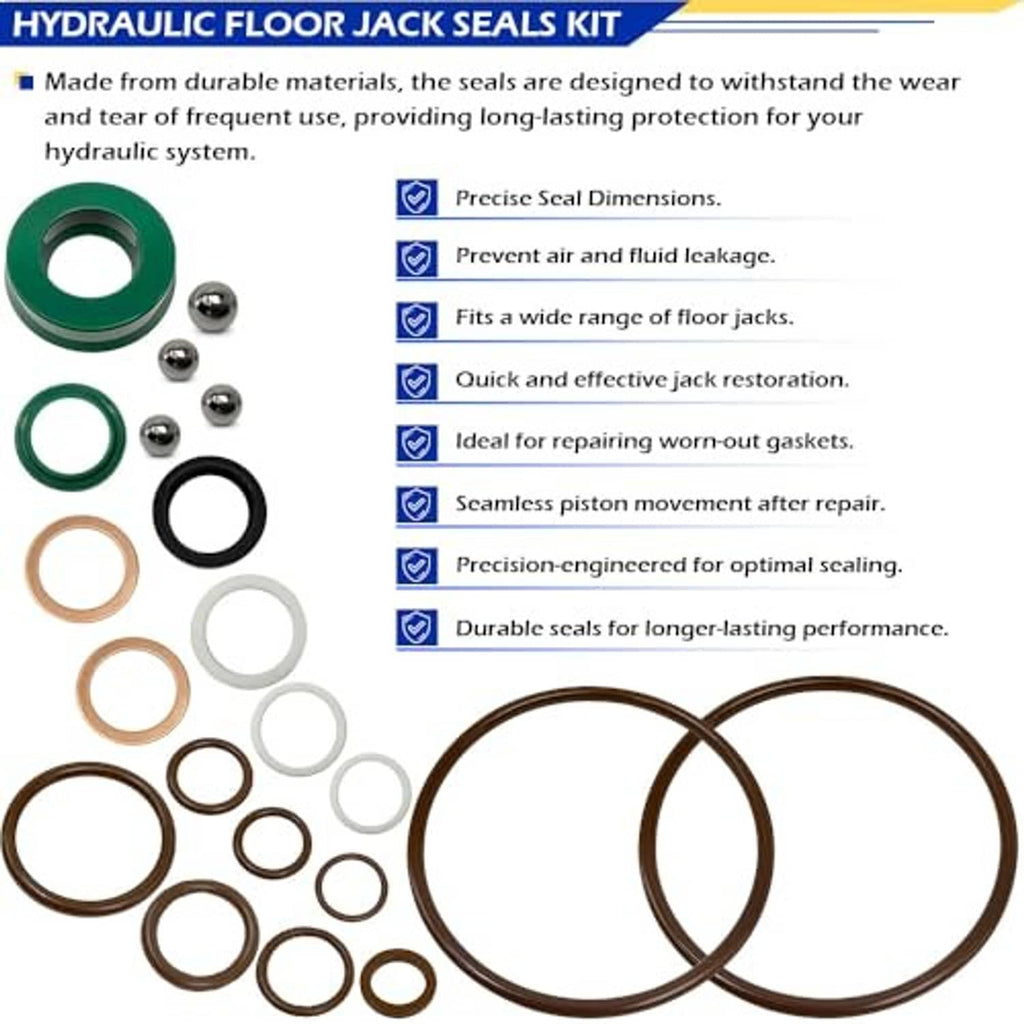 Hydraulic floor jack seals kit with green, black, tan, and white O-rings