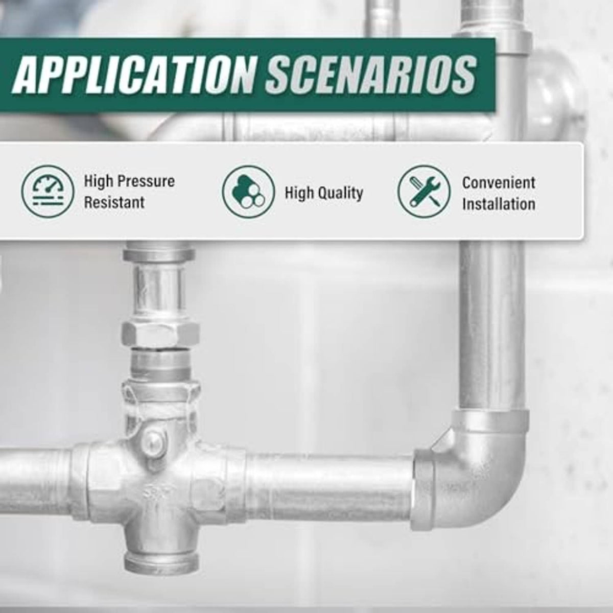 Stainless steel 90-degree elbow fitting installed in a pipe run with threaded connections.