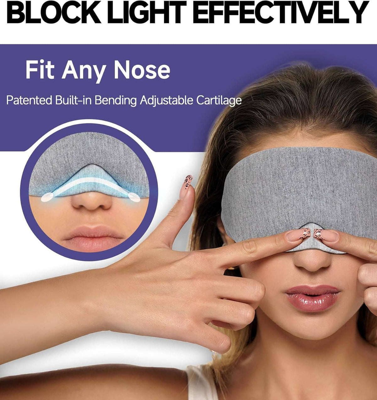 Gray light-blocking sleep eye mask on face with adjustable nose bridge