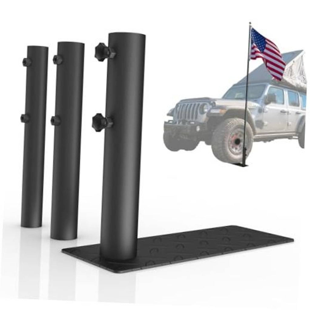 Black heavy-duty flag pole tire mount holder with two vertical tubes and square base