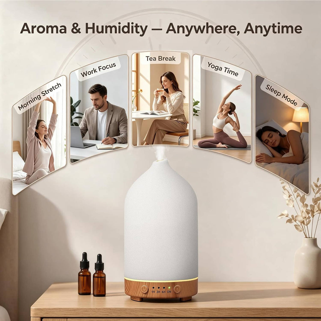 Ceramic essential oil diffuser, matte white stone body with wood base