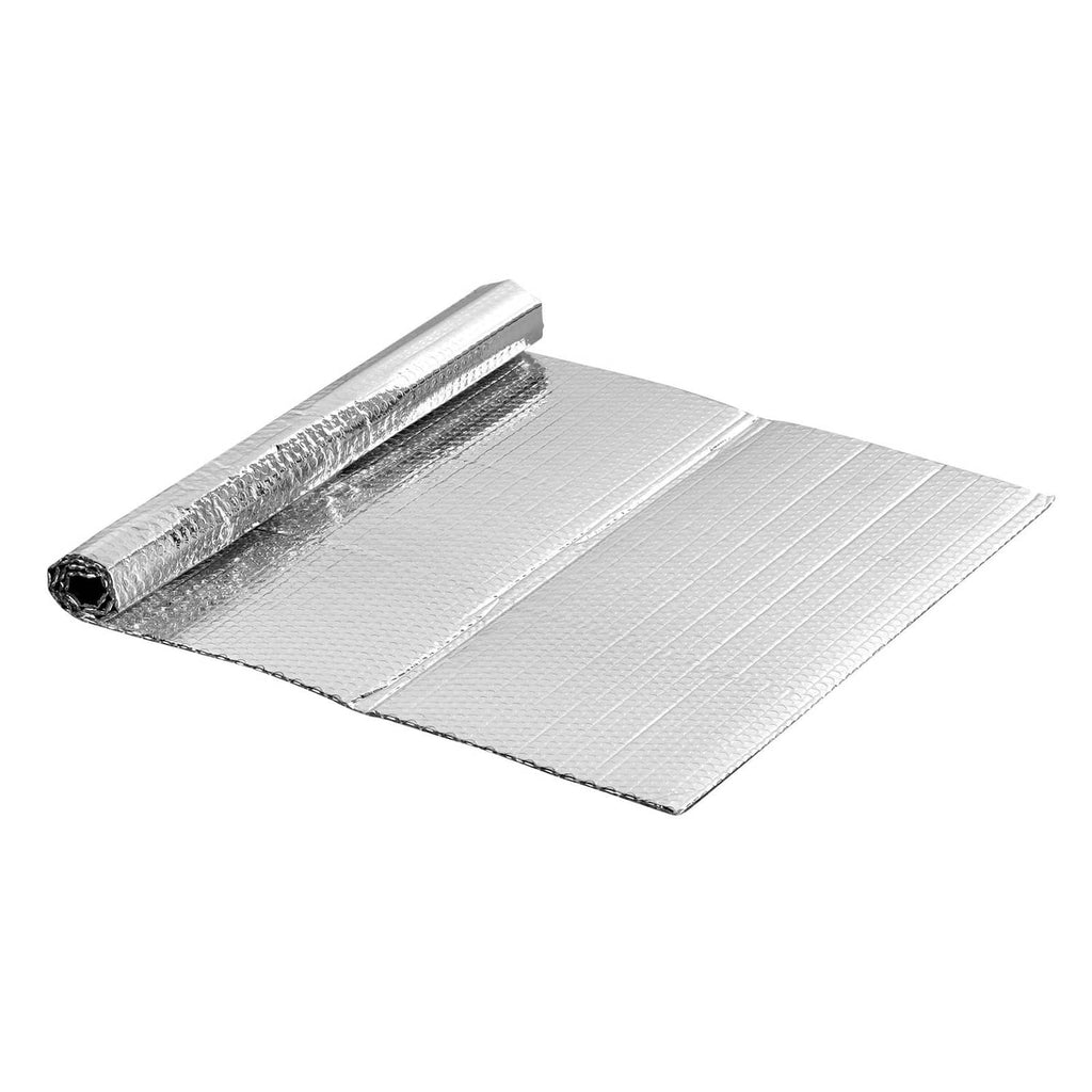 Flat reflective insulation panel sheet with rolled stack showing aluminum foil and bubble layers.