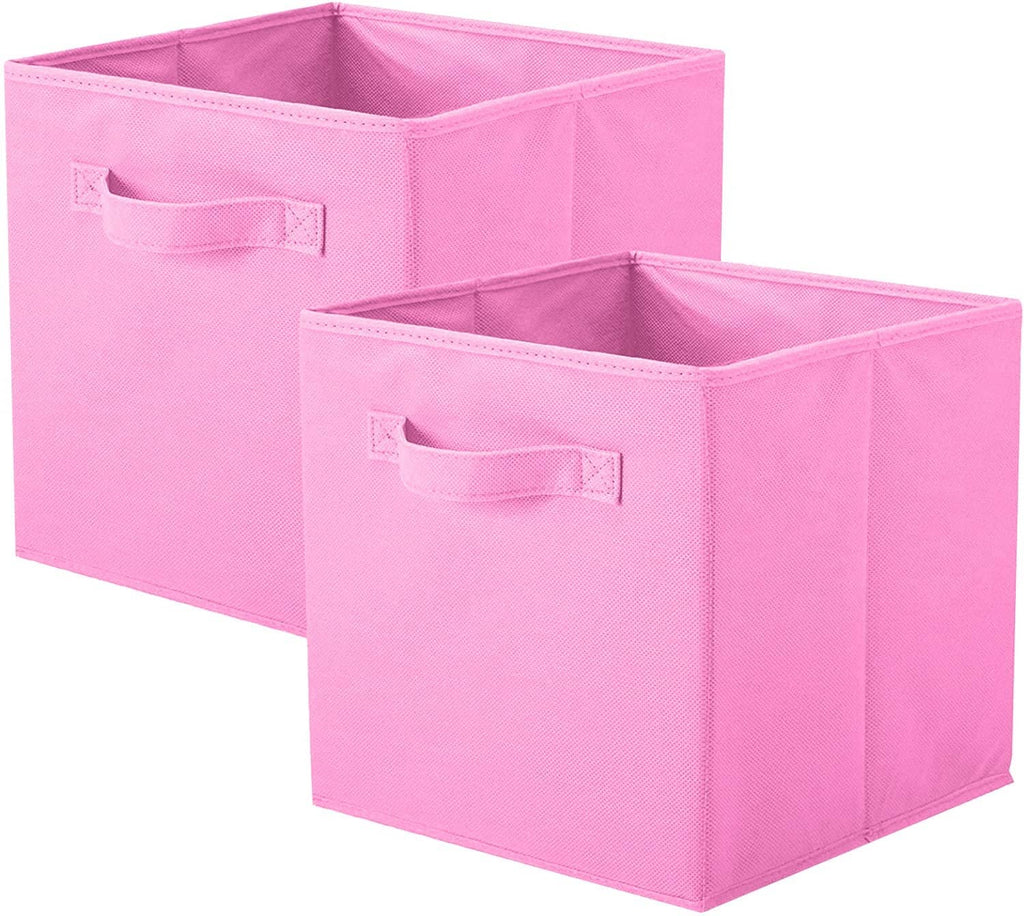 Pink foldable fabric storage cube with front handle and open top