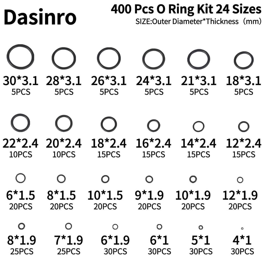Assorted black O-rings, 24 sizes shown as ring profiles