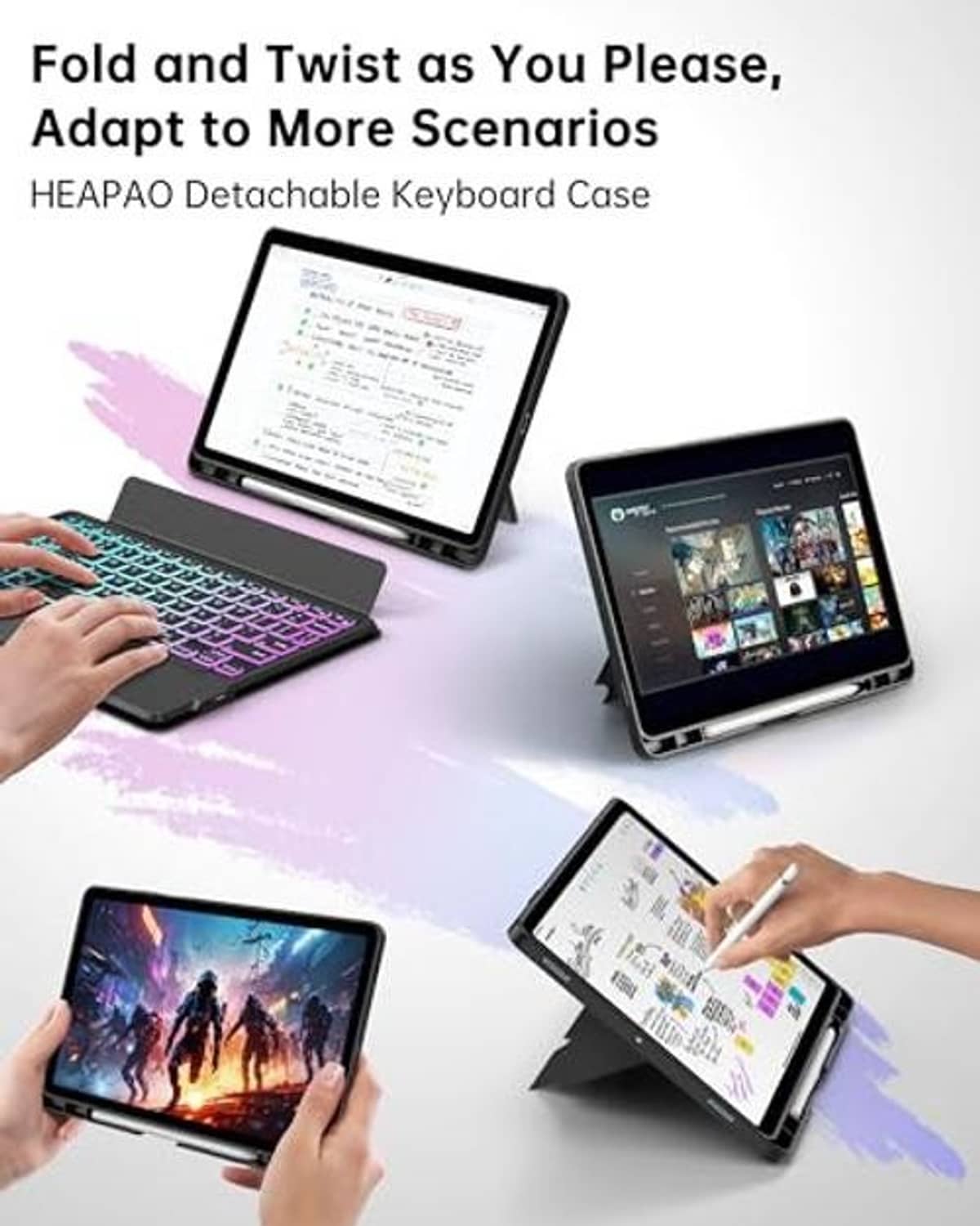 Dark tablet keyboard case with detachable keyboard and rainbow backlit keys