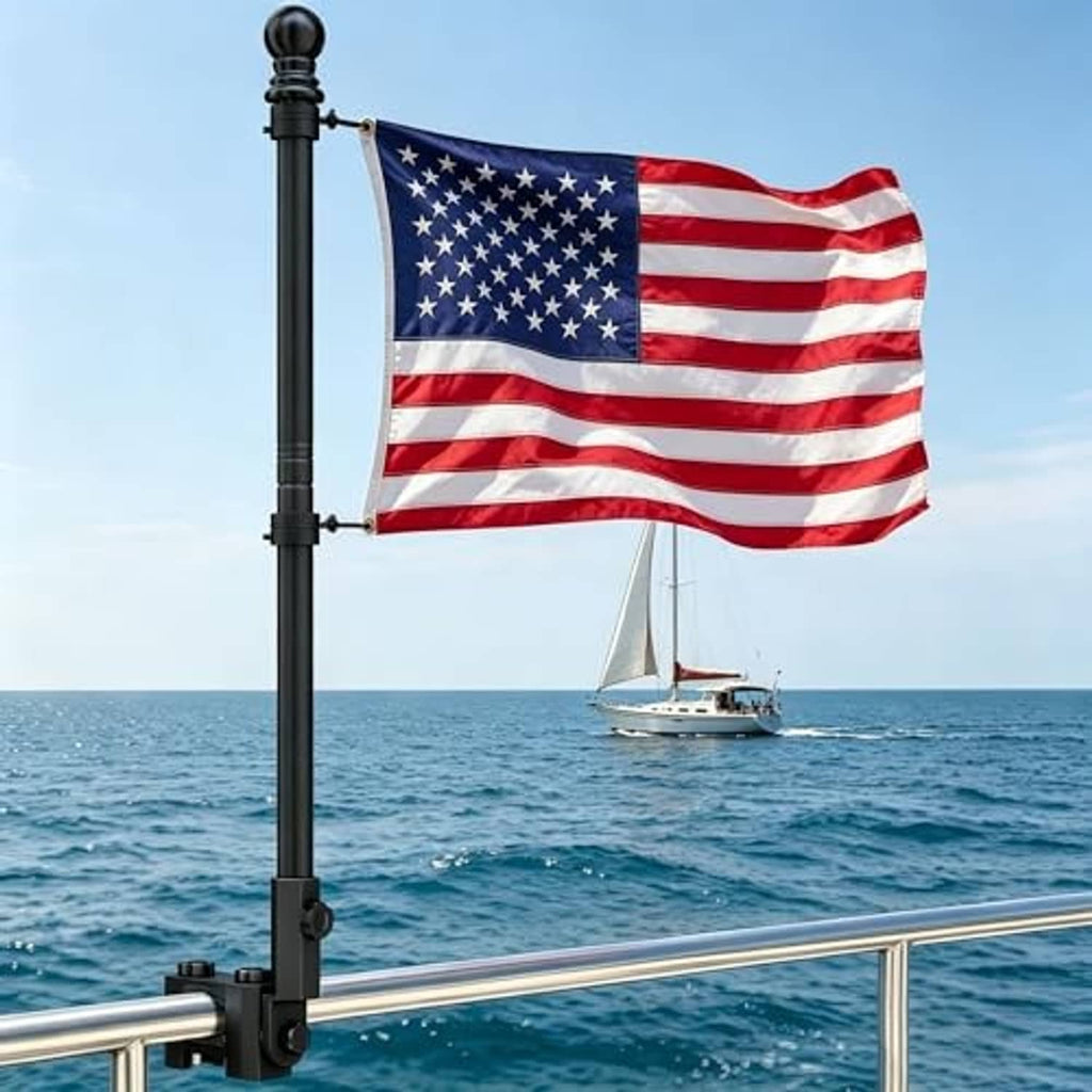 Adjustable flag pole with US flag on a boat railing