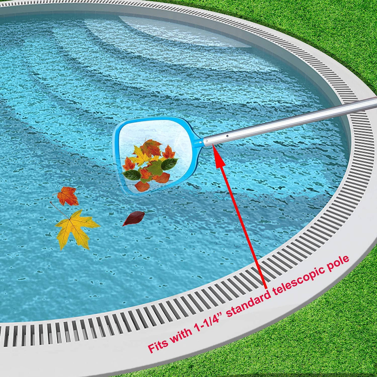 Pool skimmer net attachment floating in pool; long pole mount and mesh scoop head.