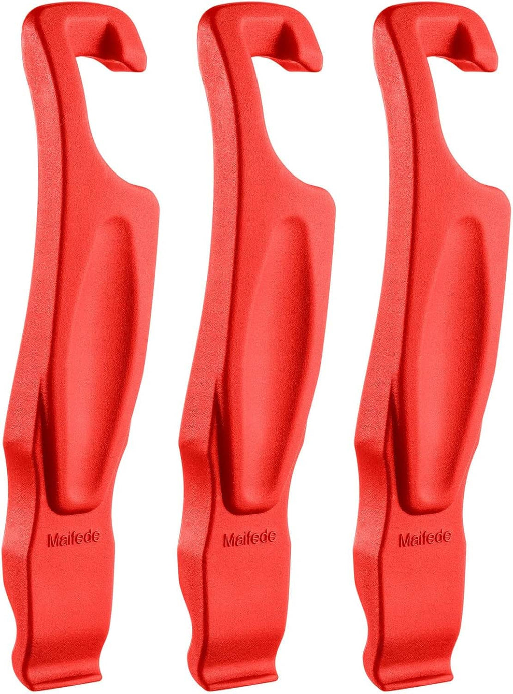 Three red bicycle tire levers with curved hook prying tips.
