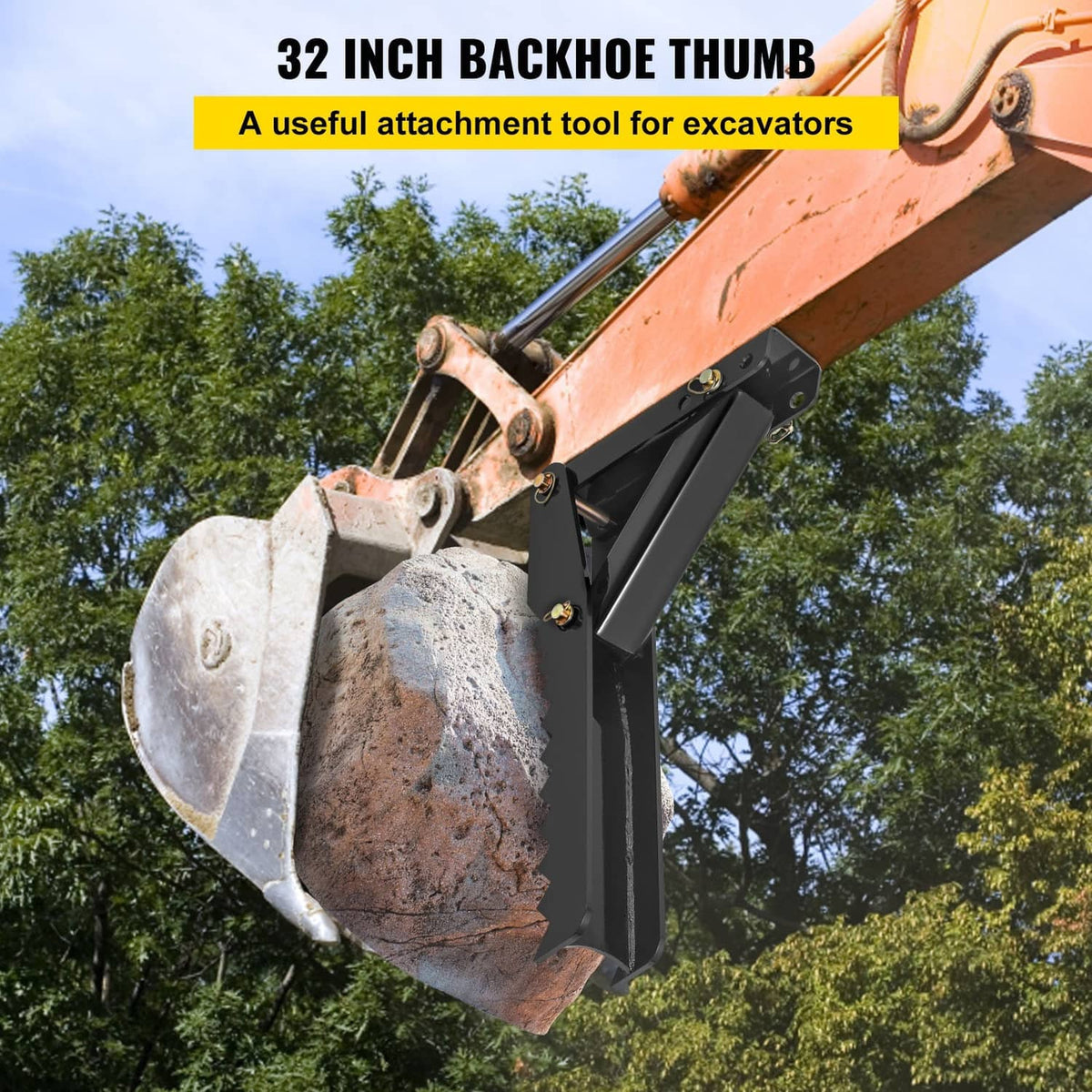 Black excavator backhoe thumb claw attachment with steel plate and serrated teeth