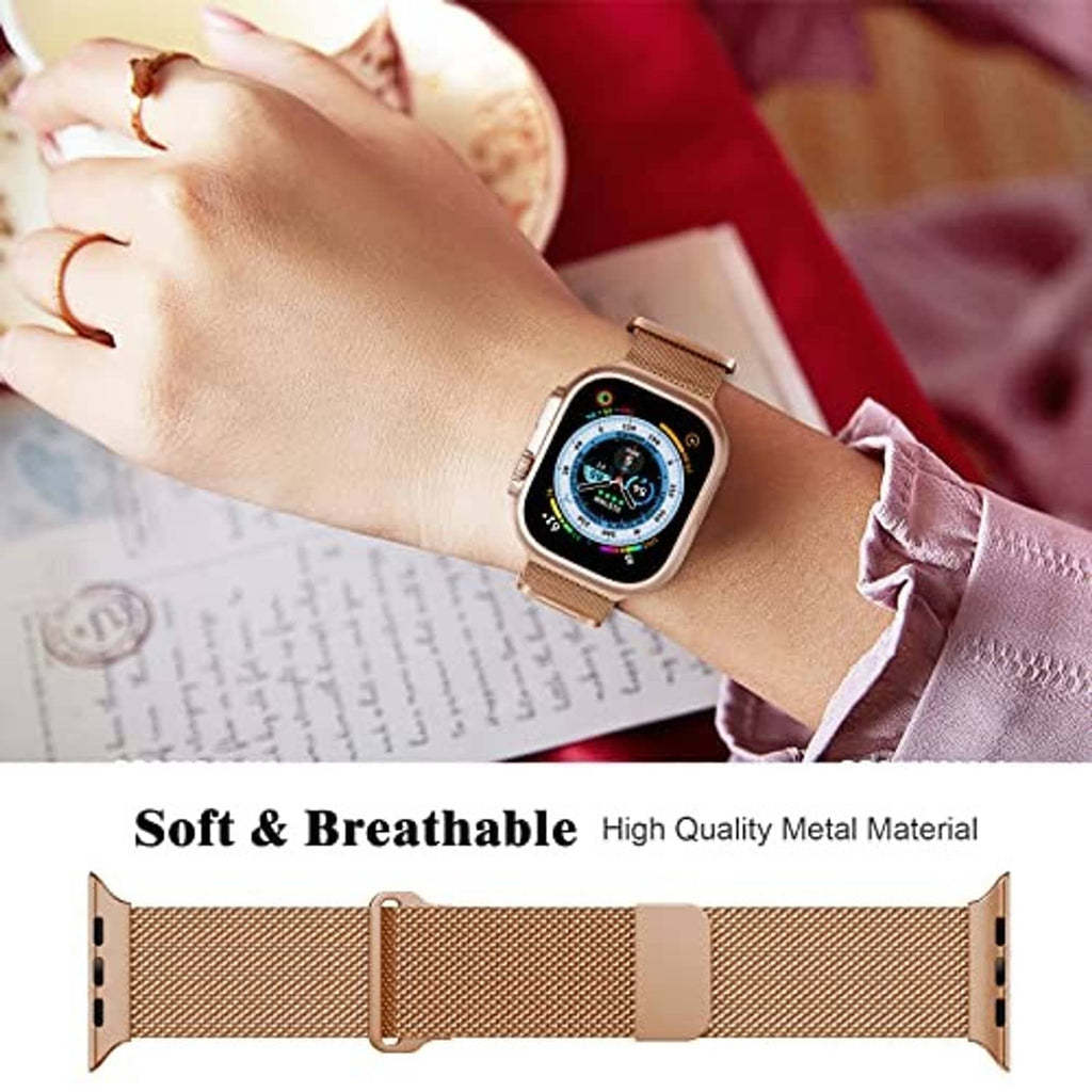 Rose gold breathable metal magnetic watch band with adjustable clasp, worn on wrist