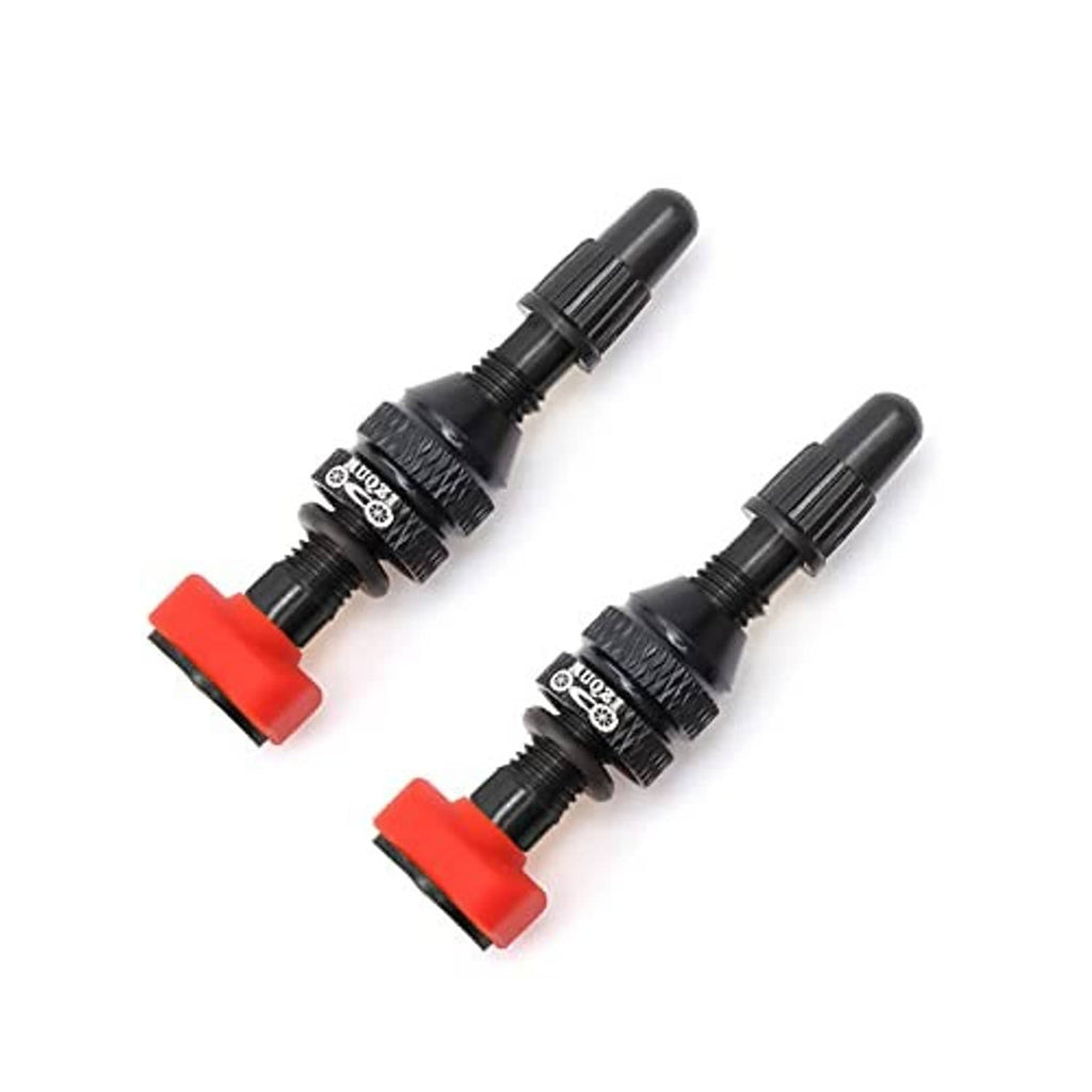 Pair of black Presta tubeless valve stems with red base caps