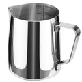 Stainless steel milk frothing pitcher with handle and embossed measurement marks