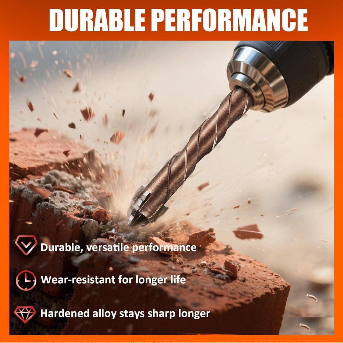 Masonry drill bit drilling into stone with spiral flutes and carbide tip