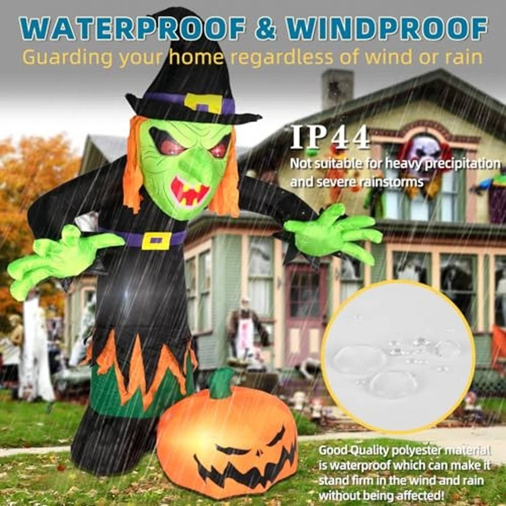 Inflatable Halloween witch with water-resistant rating and jack-o'-lantern glow
