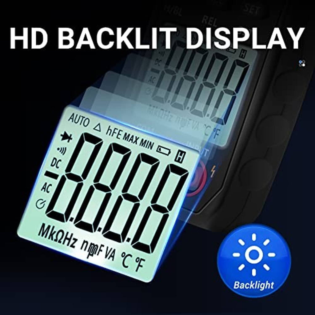 Clamp meter with HD backlit LCD display and blue backlight control button