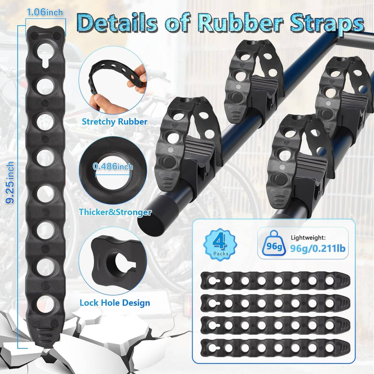 Black rubber wheel strap detail with loop and thick grooved sections, multiple holes