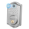 Satin nickel keyless door lock with keypad and illuminated fingerprint sensor