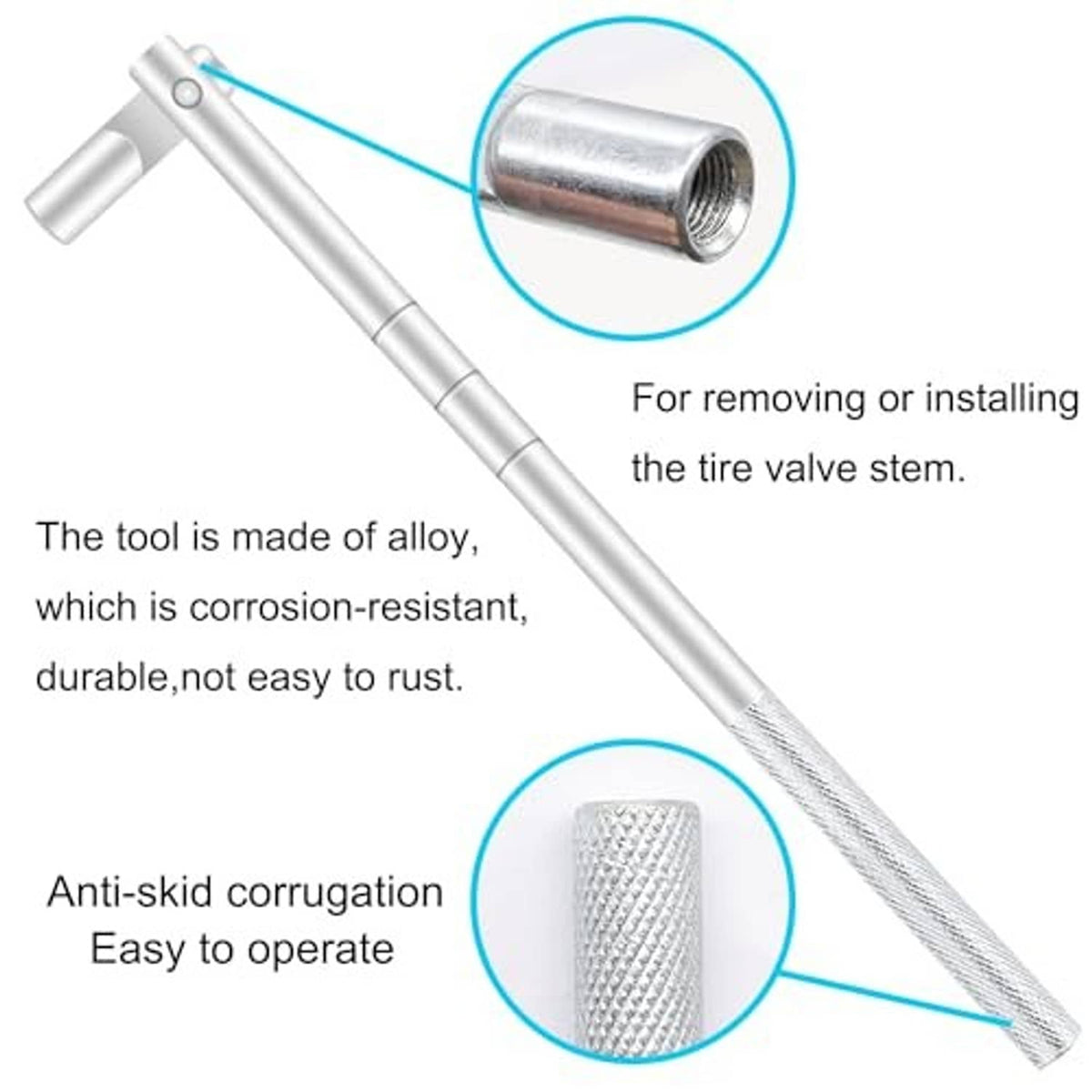 Alloy tire valve stem tool with textured anti-slip grip and circular metal sleeve