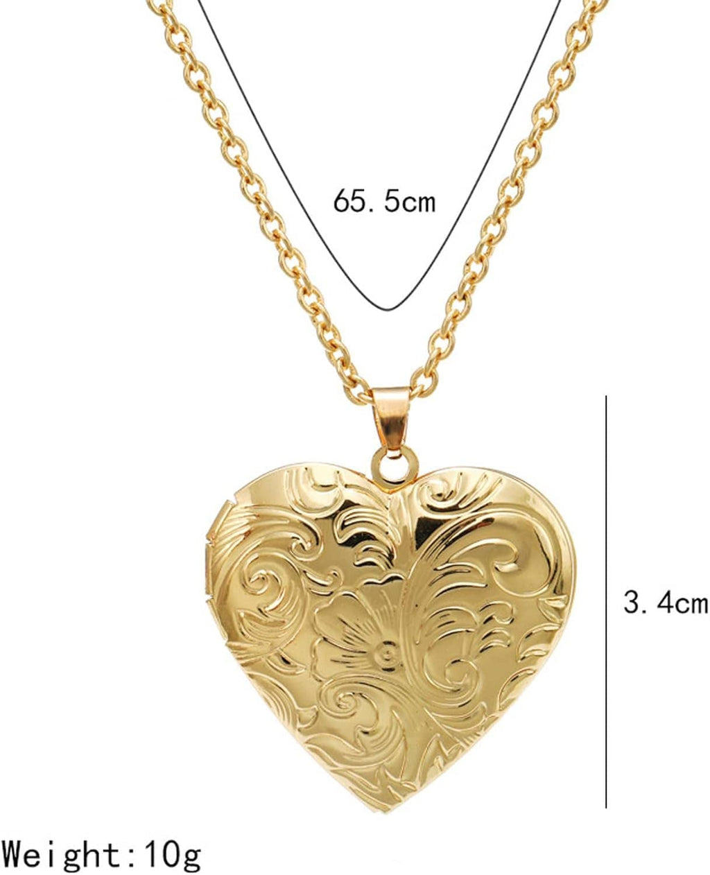 Gold heart locket pendant with engraved floral scrollwork and hanging loop on chain