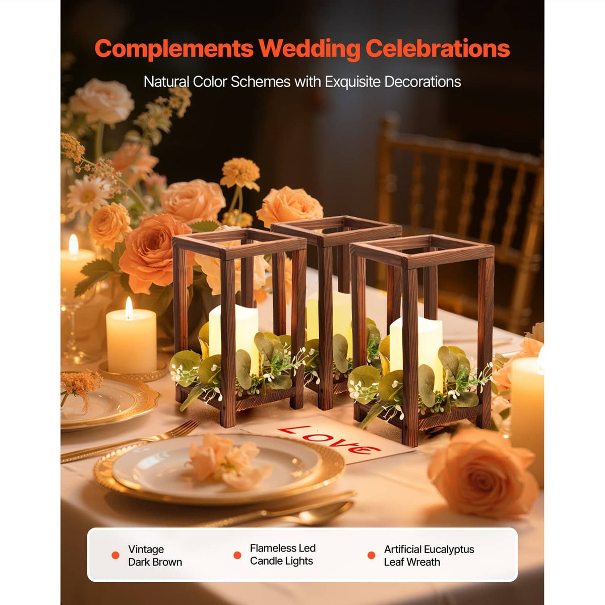 Set of brown wooden LED lanterns with eucalyptus-style greenery and glowing candles
