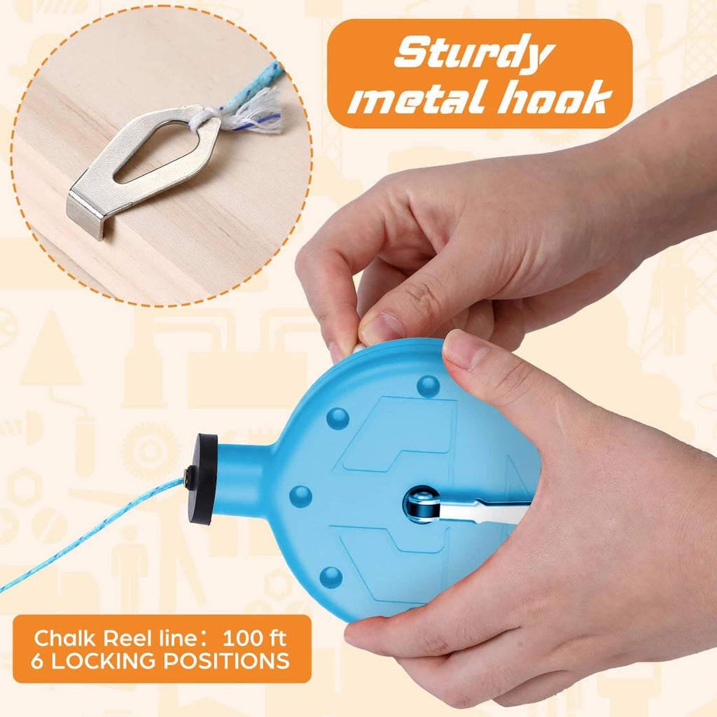 Blue chalk line reel tool in hand with metal hook and blue chalk line