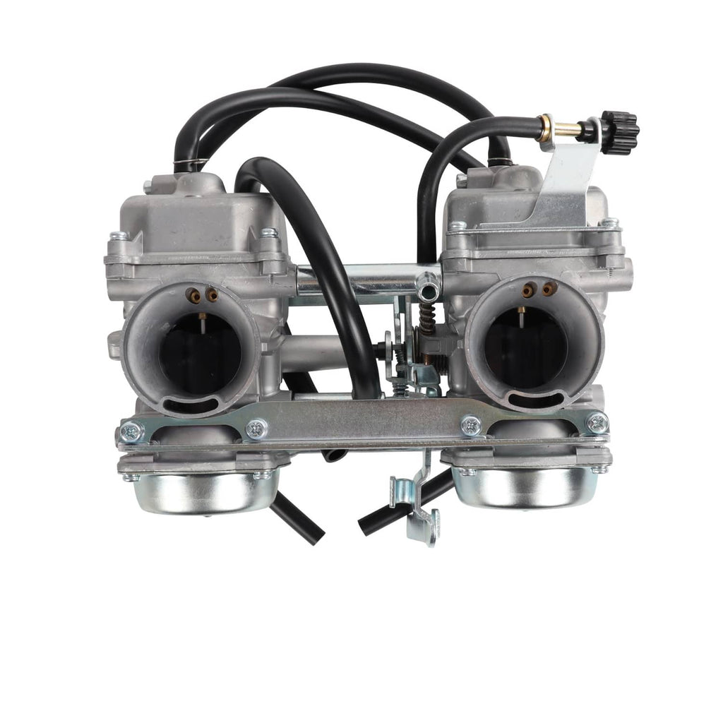 Dual carburetor assembly front view with two round intake ports and black hoses