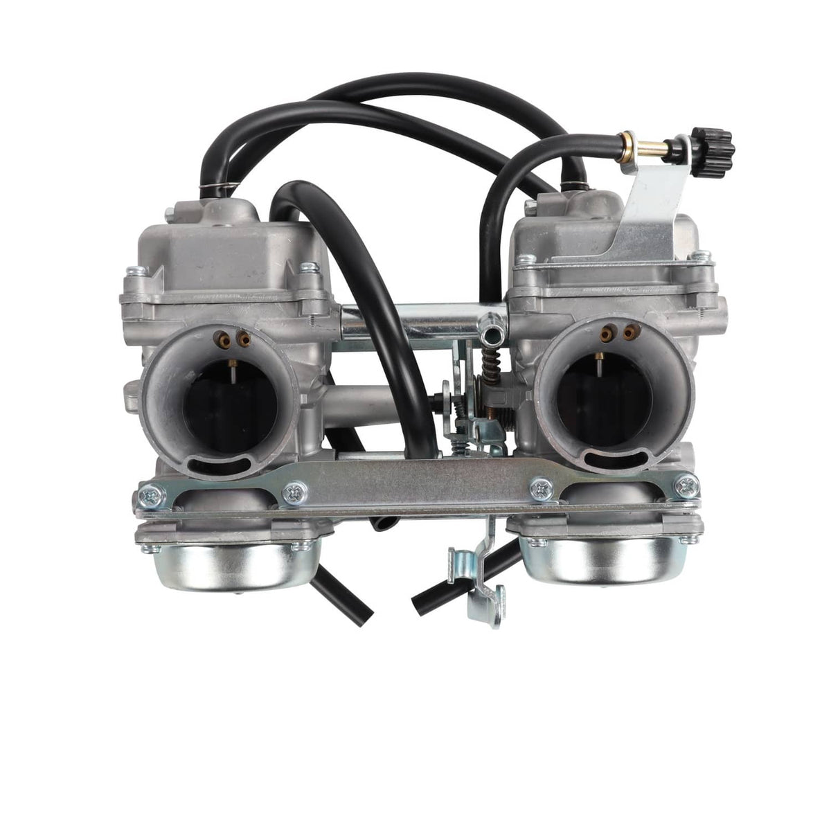 Dual carburetor assembly front view with two round intake ports and black hoses