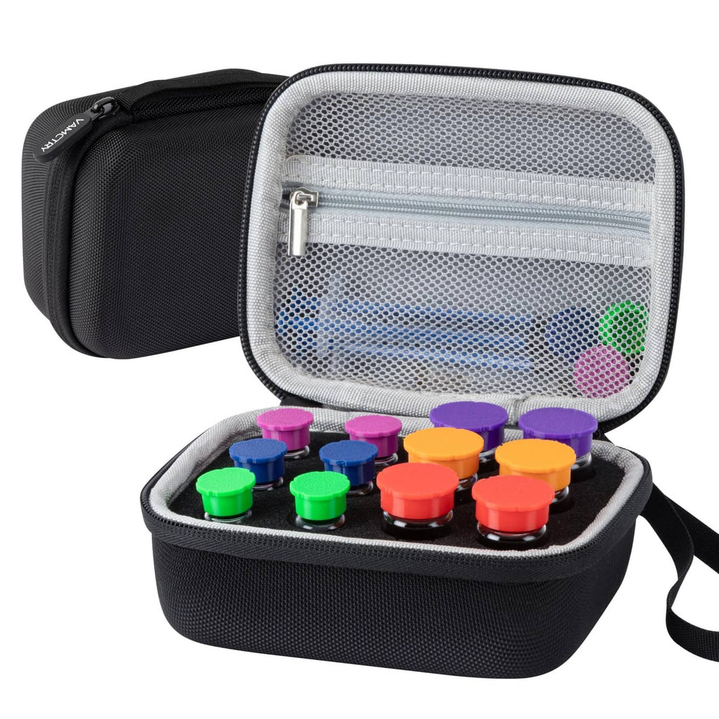 Black 12-slot insulin vial storage case with mesh top and zipper