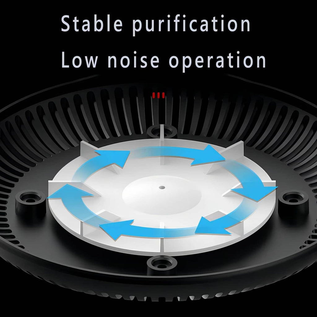 White air purifier base with internal fan blades for stable, low-noise operation