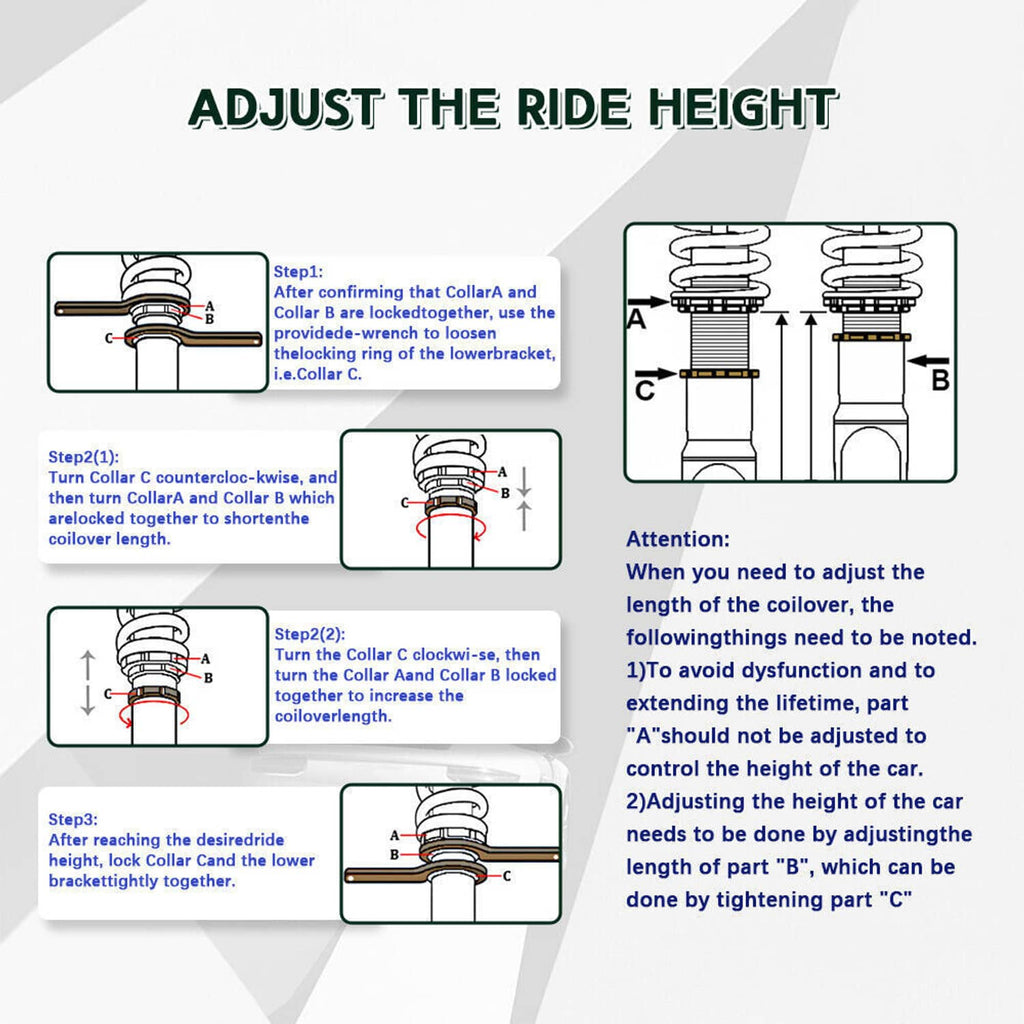 Adjustable coilover suspension kit height adjustment diagram with step illustrations