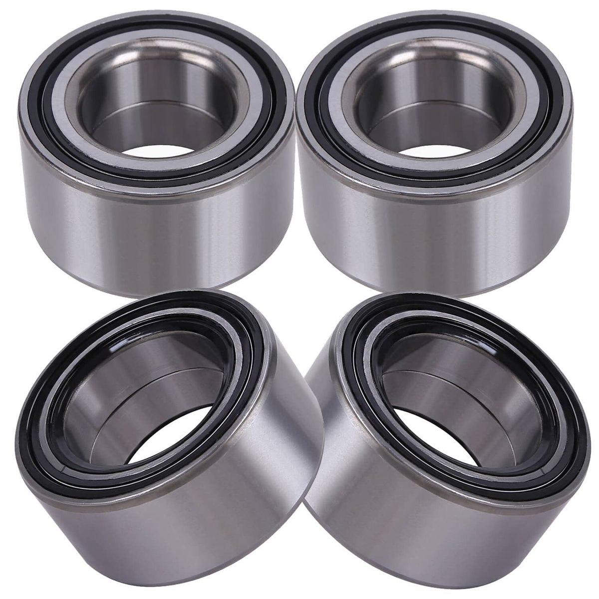 Four-pack wheel bearings with silver metal body and black outer seal ring