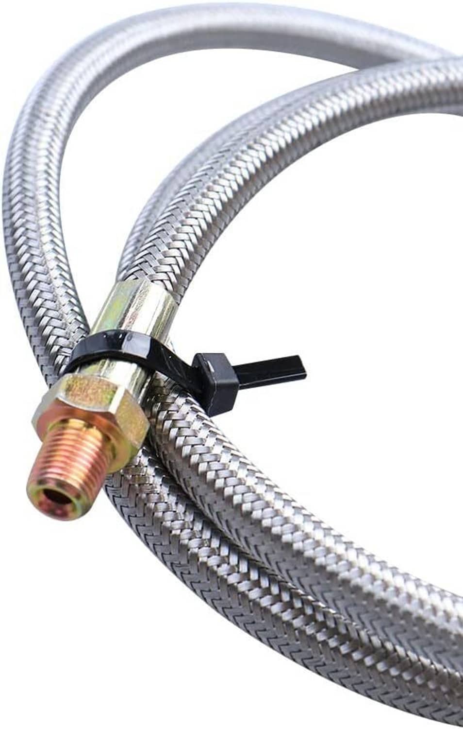 Close-up of turbo oil feed line end fitting with threaded port on braided hose