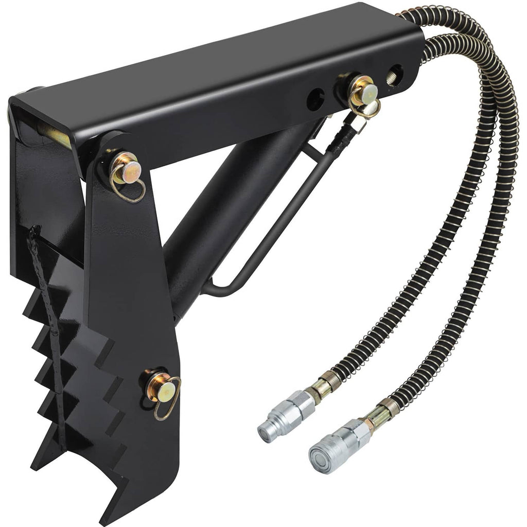 Black steel backhoe thumb claw with hydraulic hoses and mounting bolts