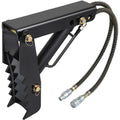 Black steel backhoe thumb claw with hydraulic hoses and mounting bolts