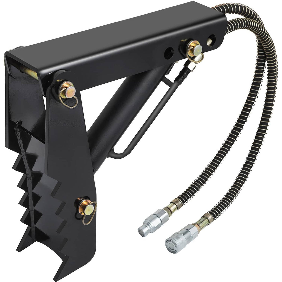 Black steel backhoe thumb claw with hydraulic hoses and mounting bolts