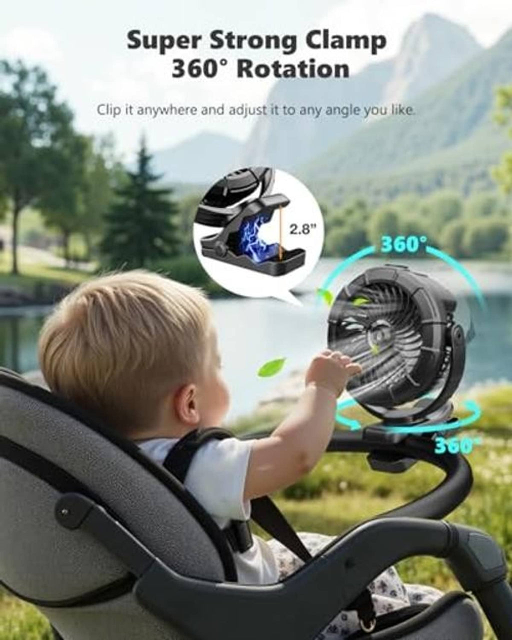 Black clip-on misting fan with 360° rotating head and secure adjustable clamp