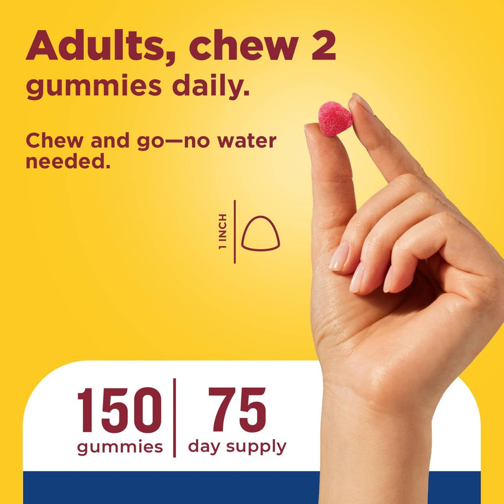 Card showing adults chew 2 gummies daily, with hand holding a red gummy